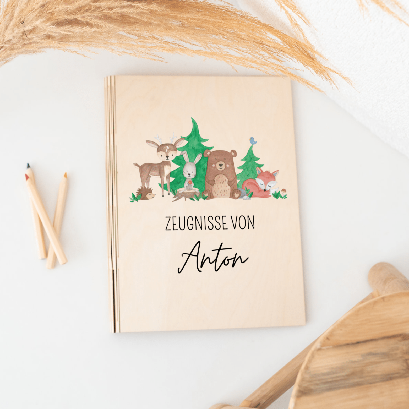 Zeugnismappe Holz personalisiert - Waldfreunde Aquarell - wunderwunsch