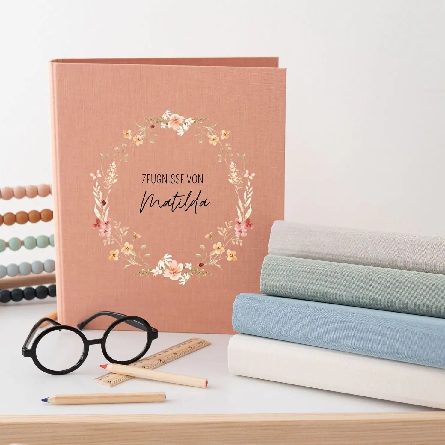 Zeugnismappe Stoff personalisiert - Blumenkranz Aquarell - wunderwunsch