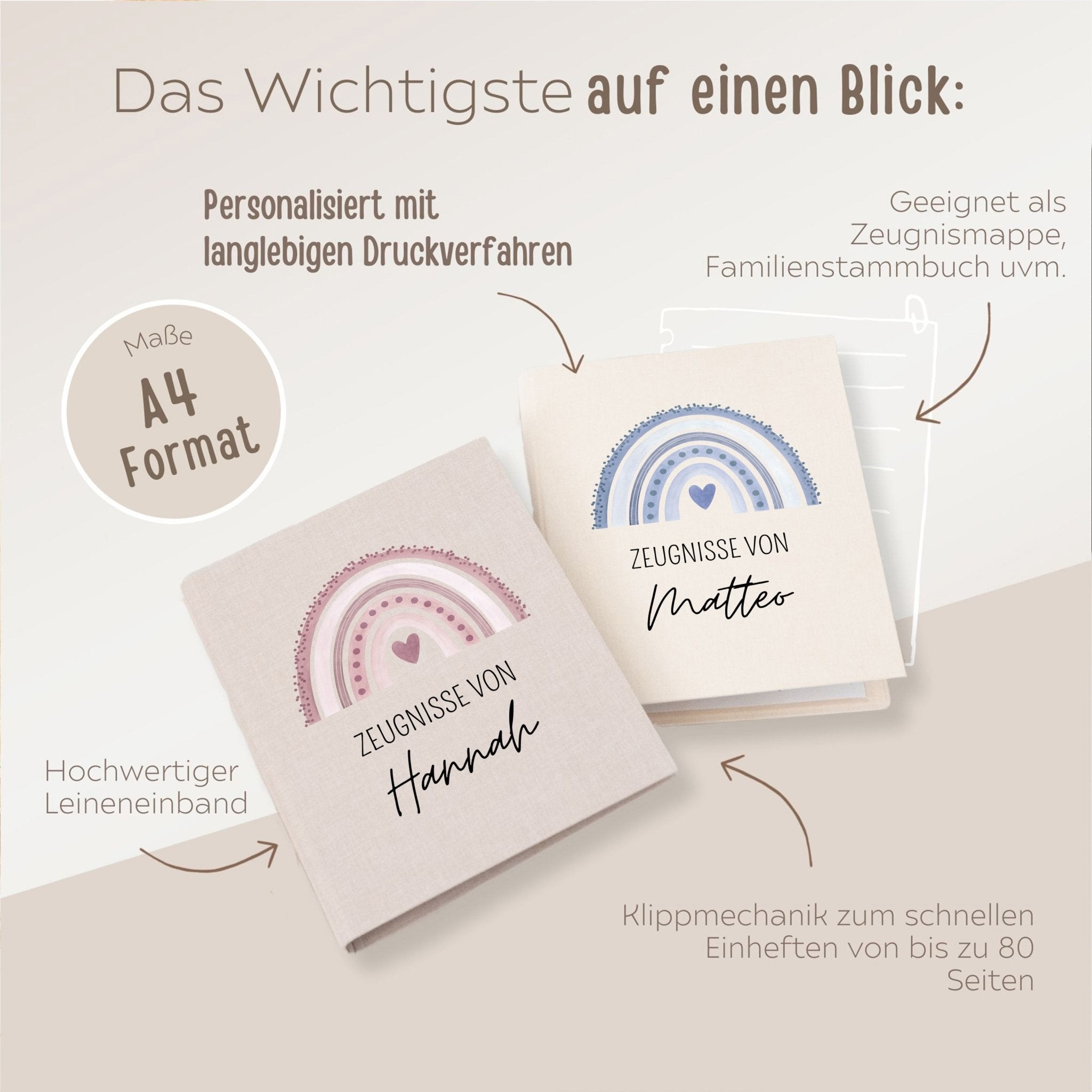 Zeugnismappe Stoff personalisiert - Regenbogen Aquarell - wunderwunsch