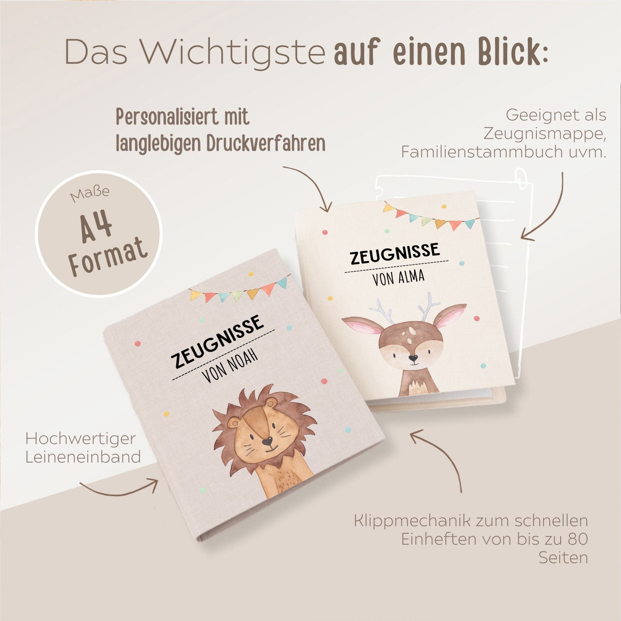 Zeugnismappe Stoff personalisiert - Tier Girlande Aquarell - wunderwunsch
