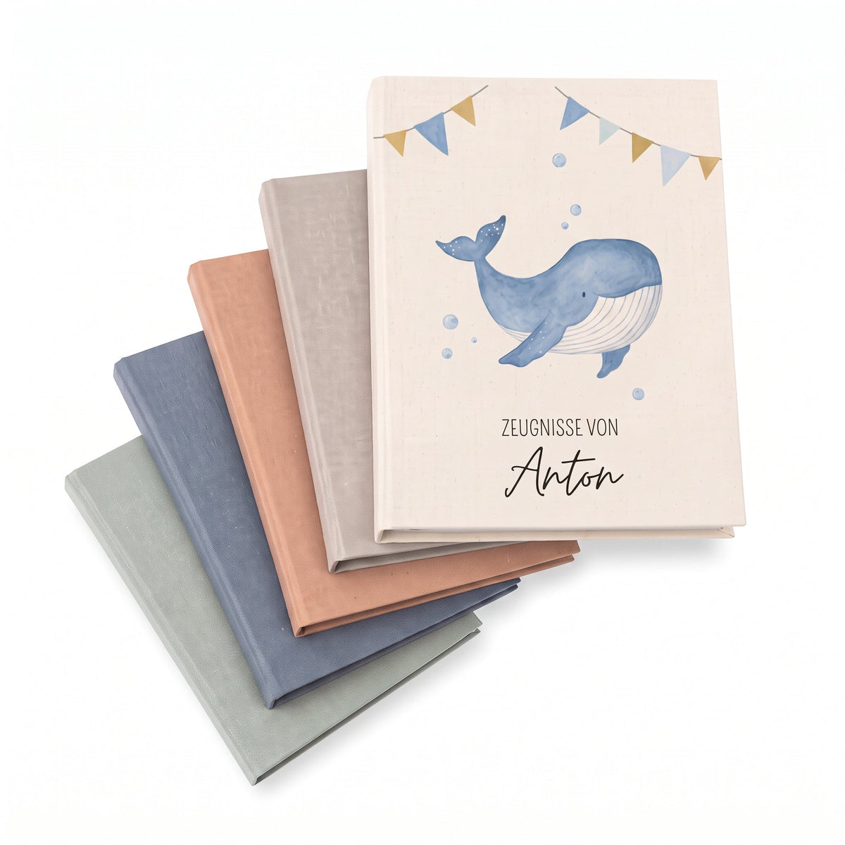 Zeugnismappe Stoff personalisiert - Wal Girlande Aquarell - wunderwunsch