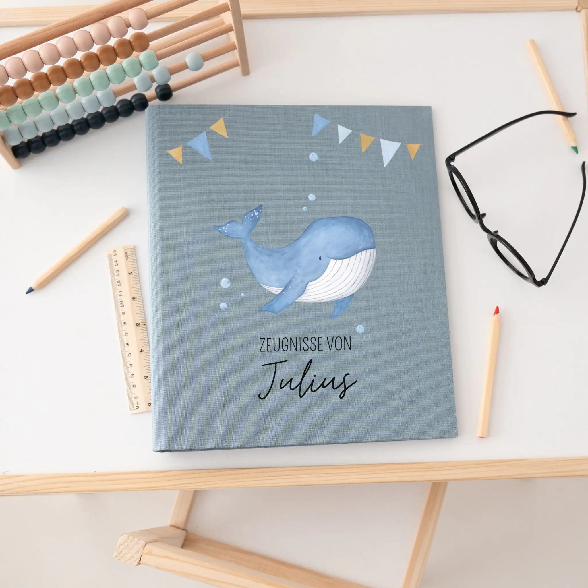 Zeugnismappe Stoff personalisiert - Wal Girlande Aquarell - wunderwunsch