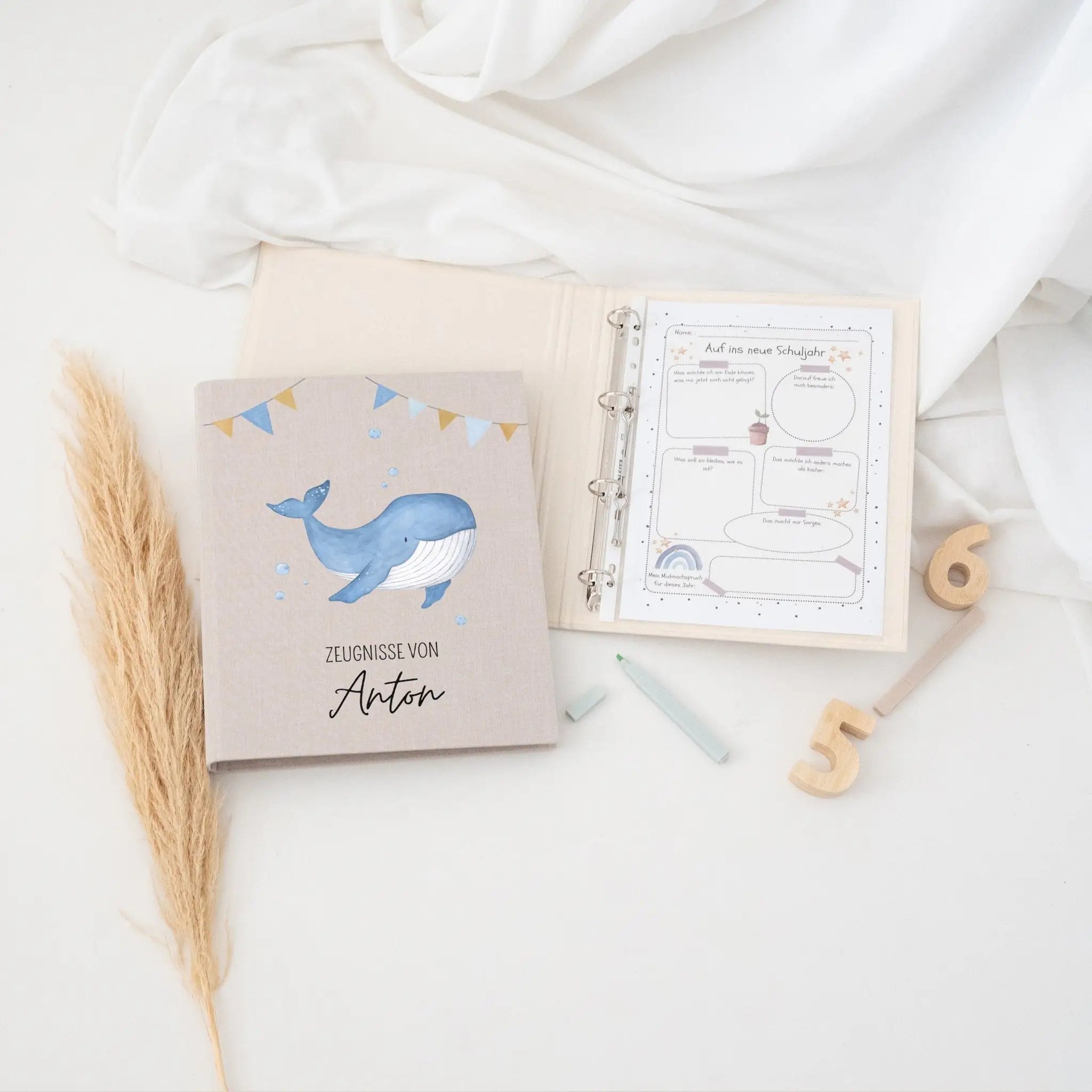 Zeugnismappe Stoff personalisiert - Wal Girlande Aquarell - wunderwunsch