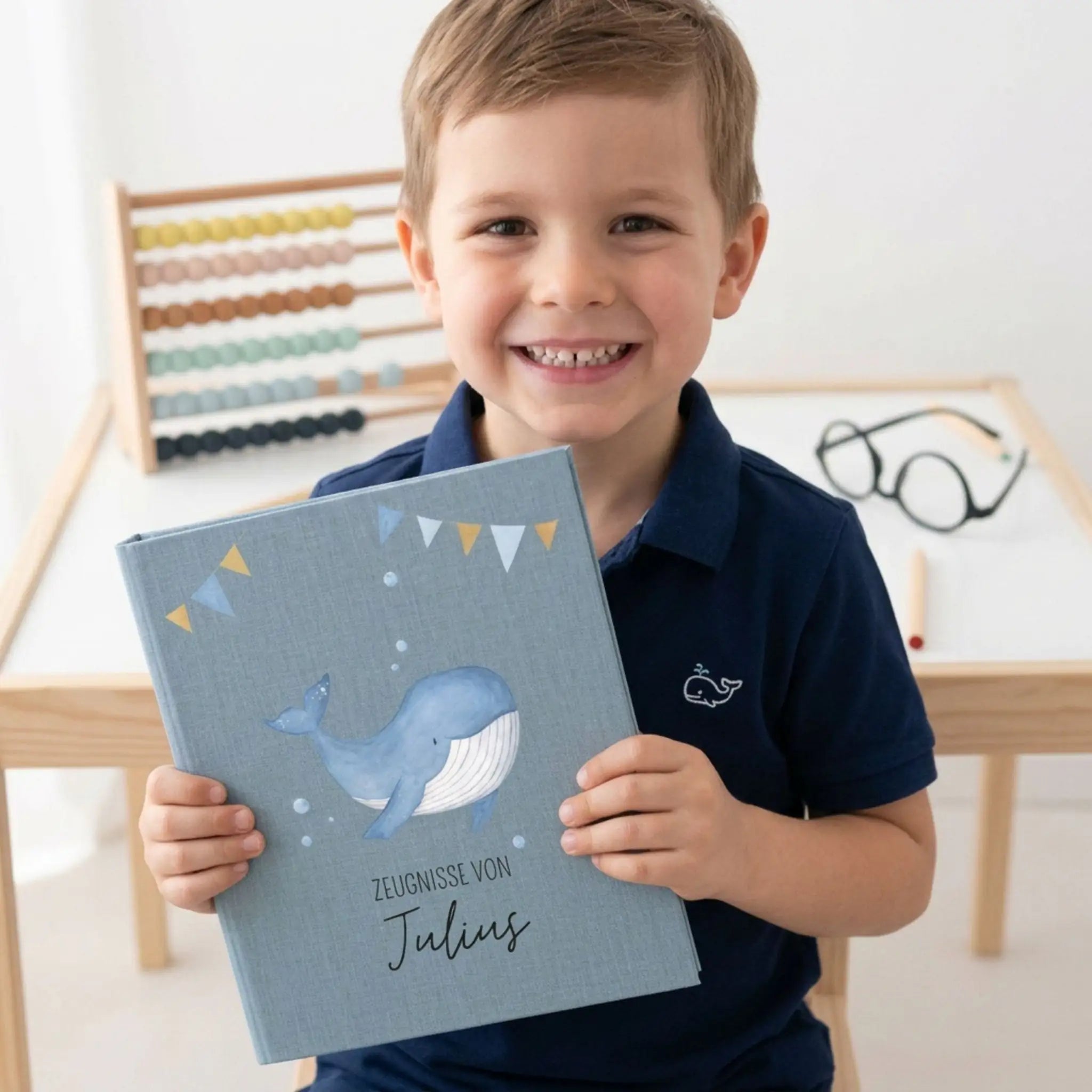 Zeugnismappe Stoff personalisiert - Wal Girlande Aquarell - wunderwunsch