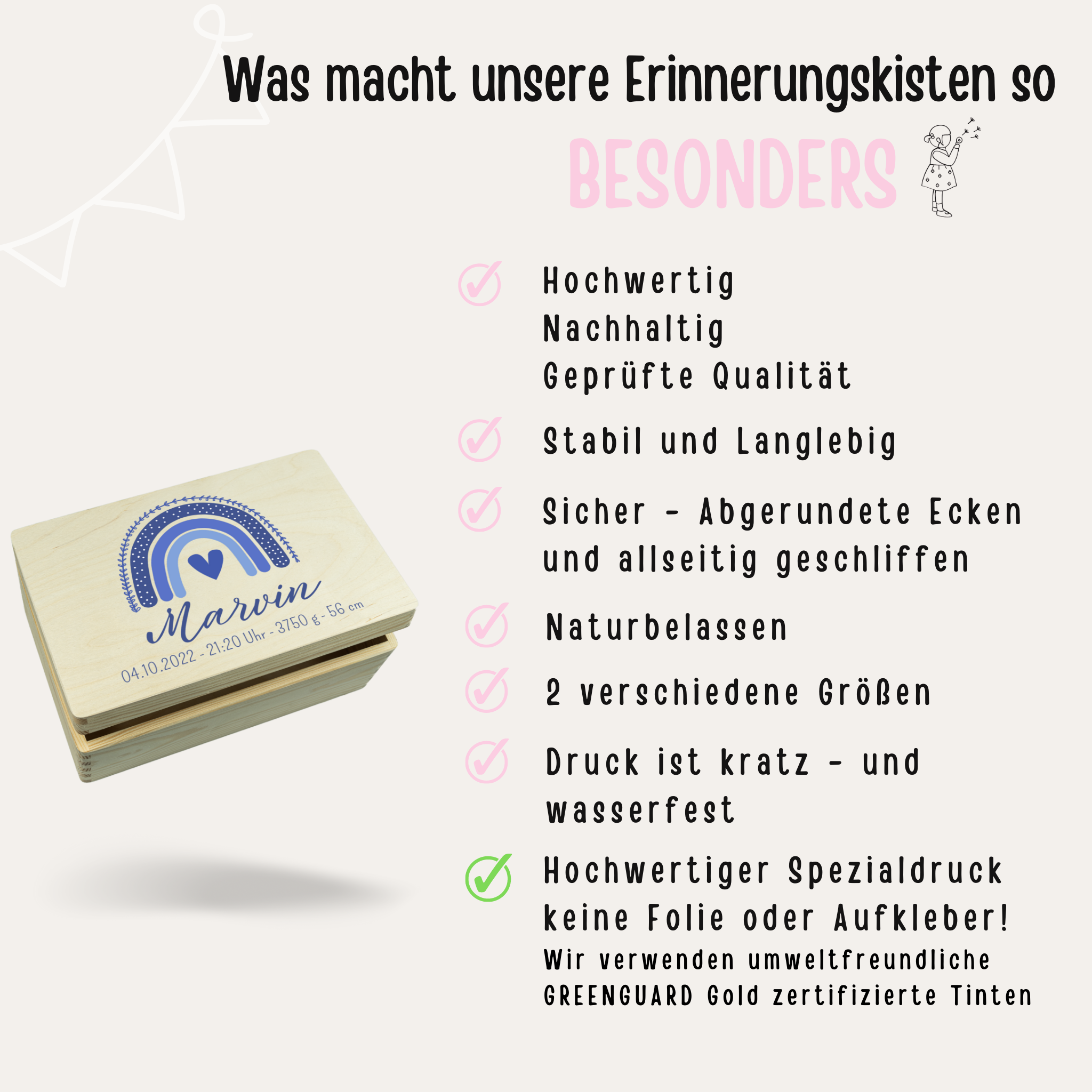 Erinnerungsbox Baby personalisiert - Regenbogen blau Aquarell