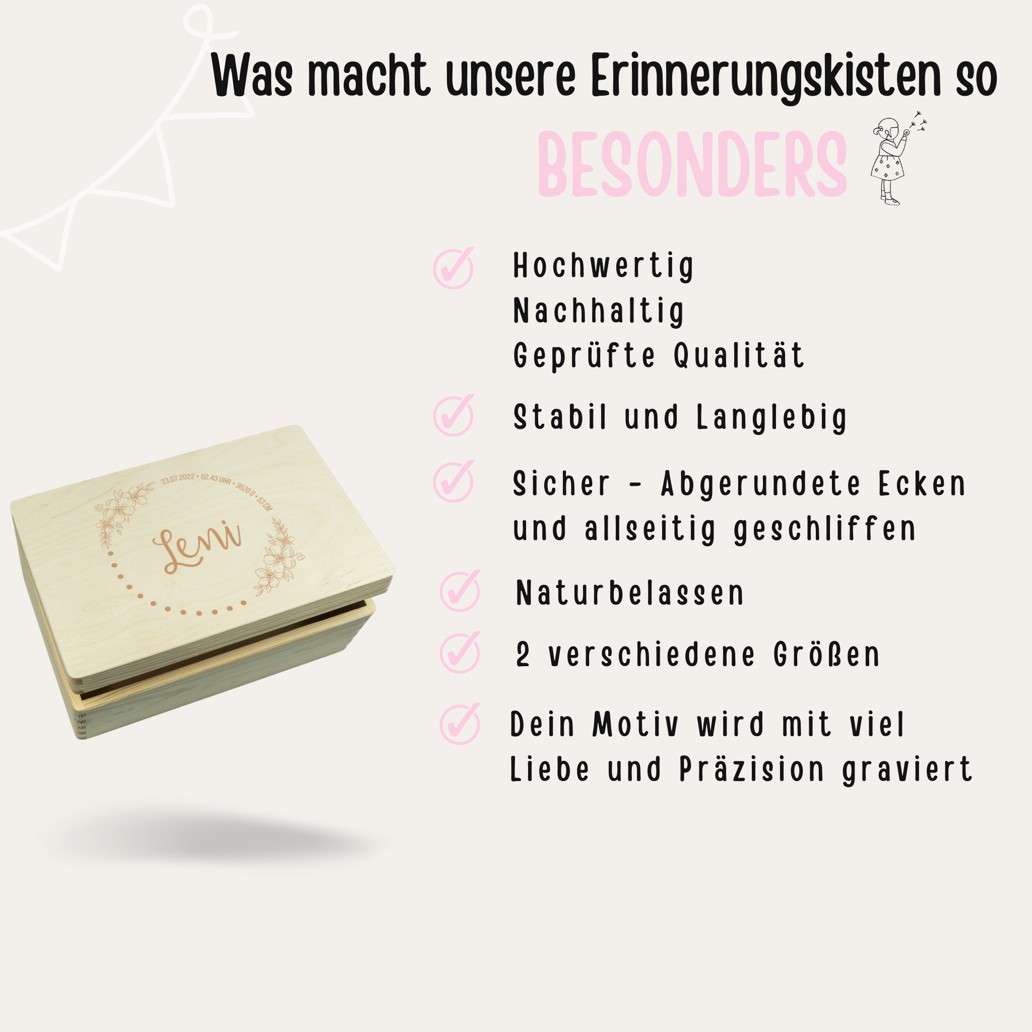 Erinnerungsbox Baby personalisiert - Blumenkranz Gravur