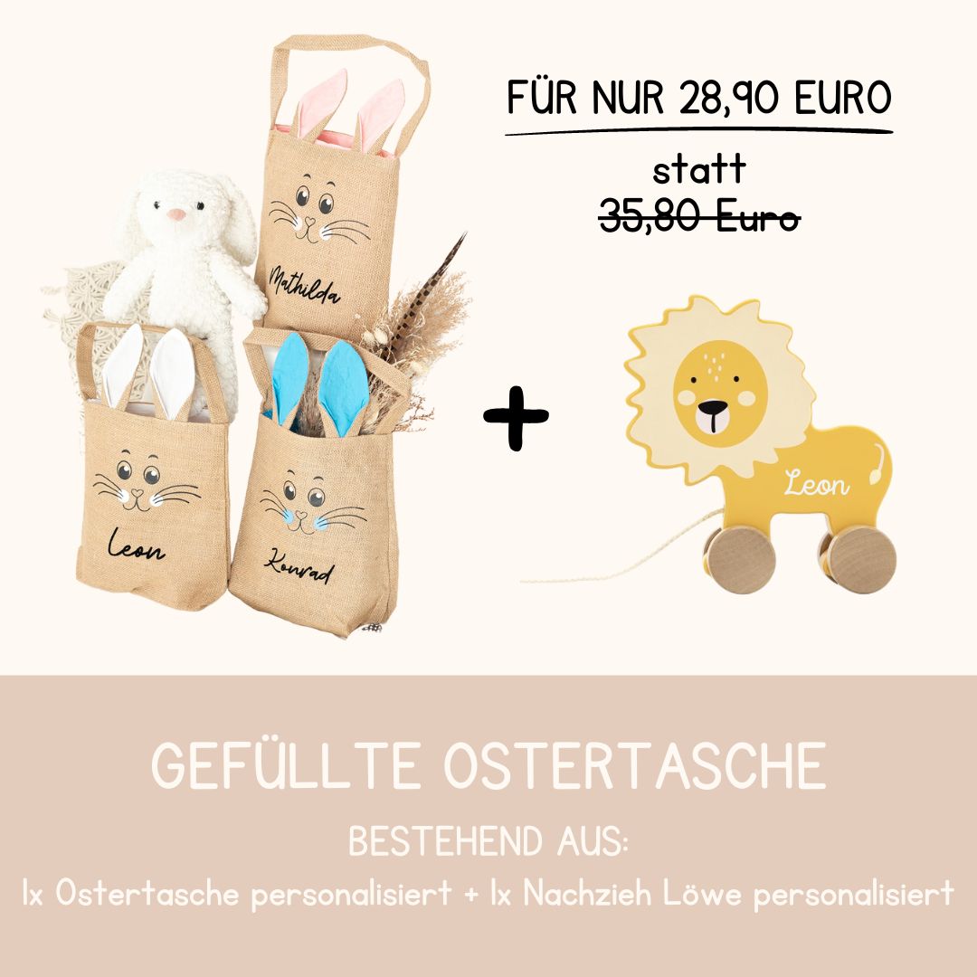 Gefüllte Ostertasche - Nachziehtier "Löwe" personalisiert