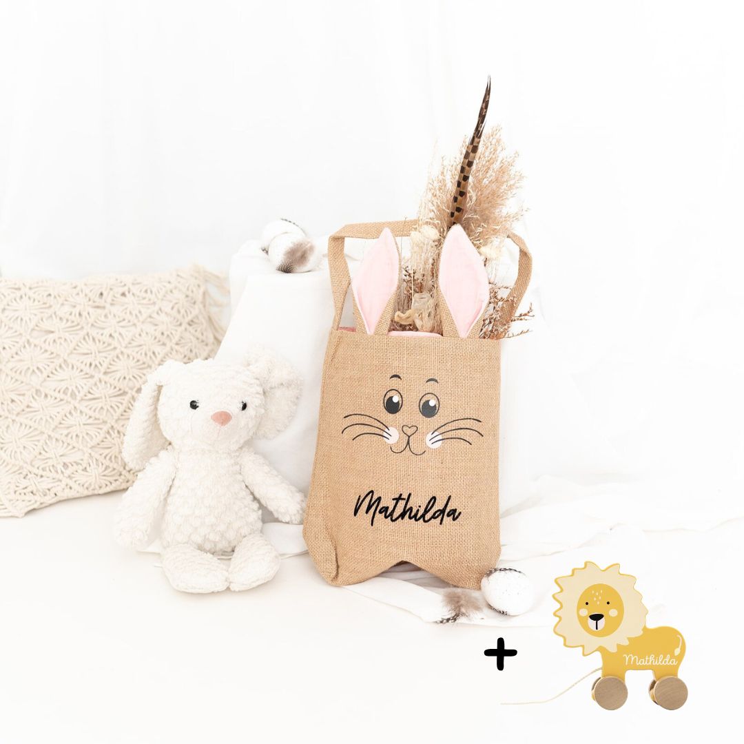 Gefüllte Ostertasche - Nachziehtier "Löwe" personalisiert