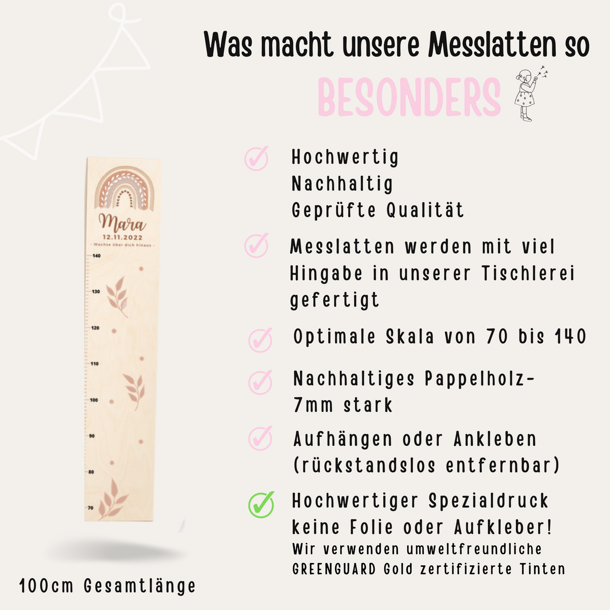 Kindermesslatte Holz personalisiert - Regenbogen pastell Aquarell