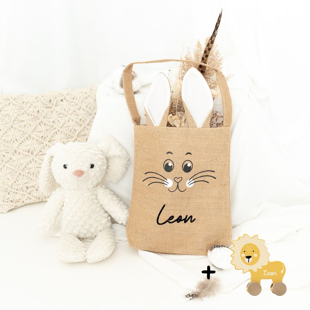 Gefüllte Ostertasche - Nachziehtier "Löwe" personalisiert