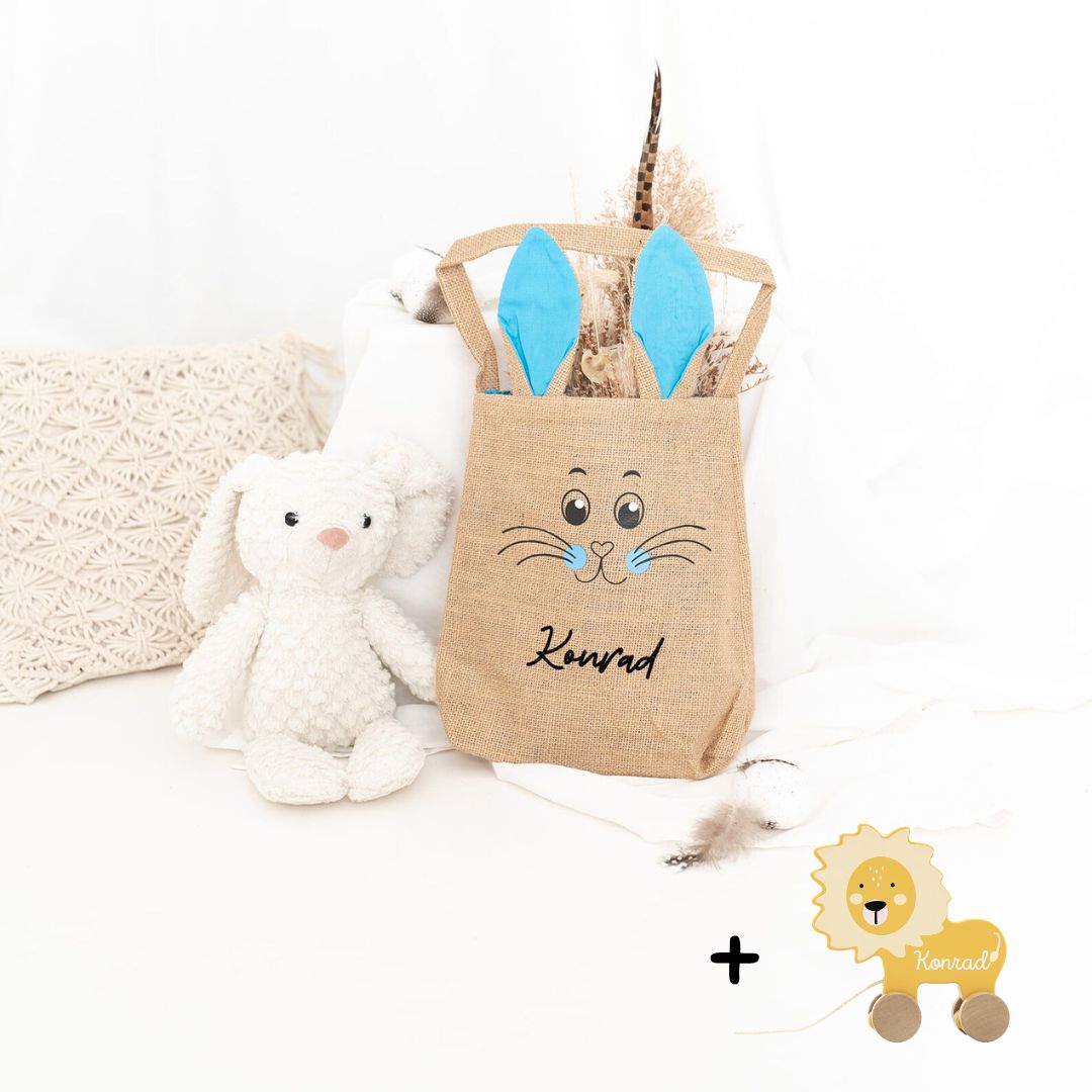 Gefüllte Ostertasche - Nachziehtier "Löwe" personalisiert