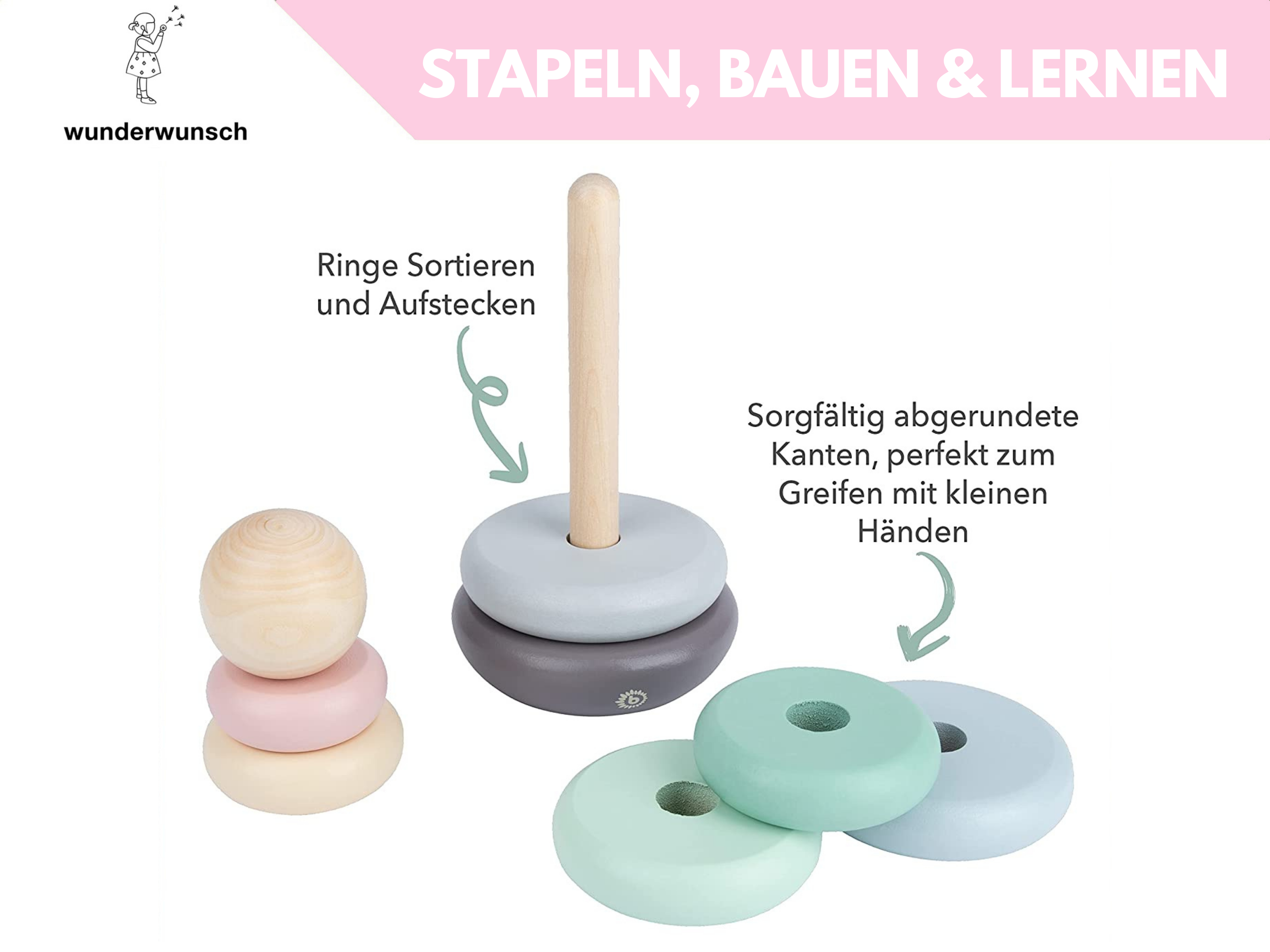 Stapelturm Holz personalisiert - rosa und blau