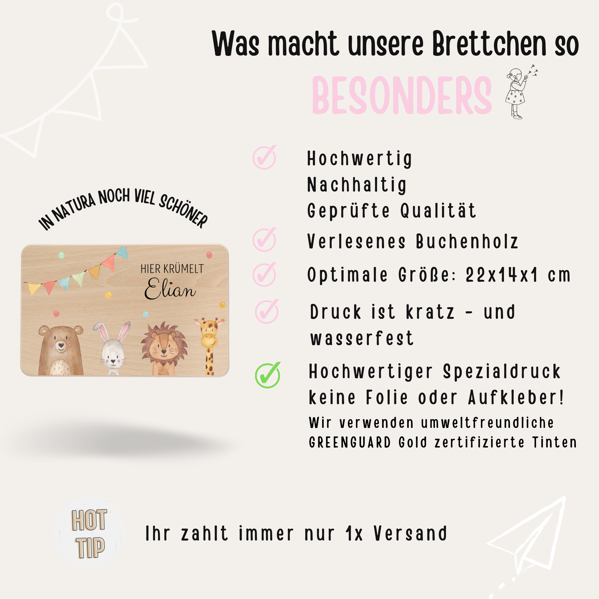 Frühstücksbrettchen personalisiert - Tiere unten Girlande Aquarell