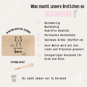 Frühstücksbrettchen mit Kinderlöffel personalisiert - Tier Bäume Gravur