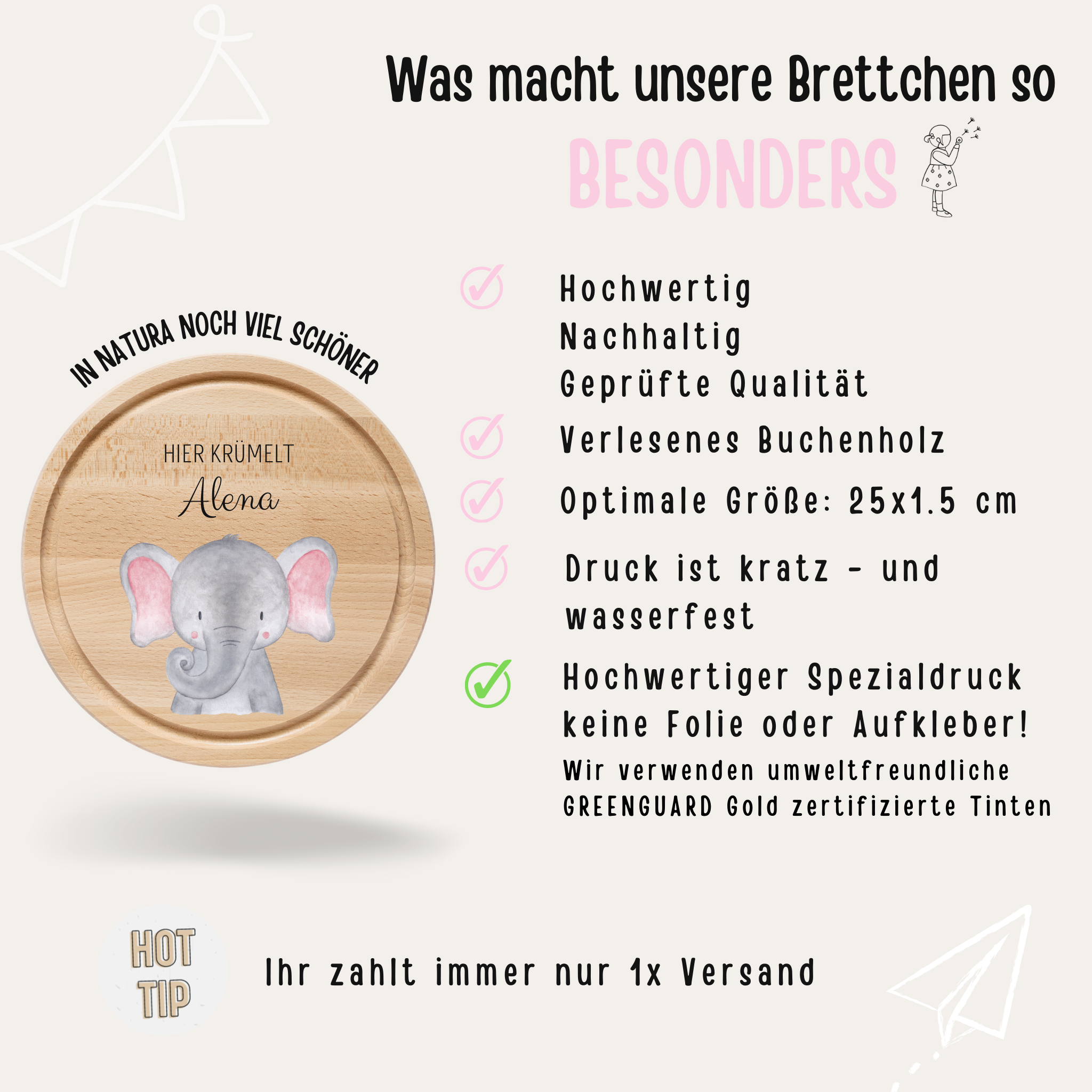 Schneidebrett Holz rund personalisiert - Tier Aquarell