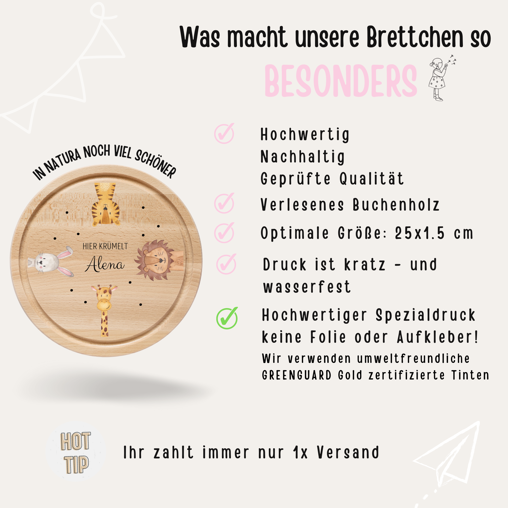 Schneidebrett Holz rund personalisiert - Tiere Kreis Aquarell