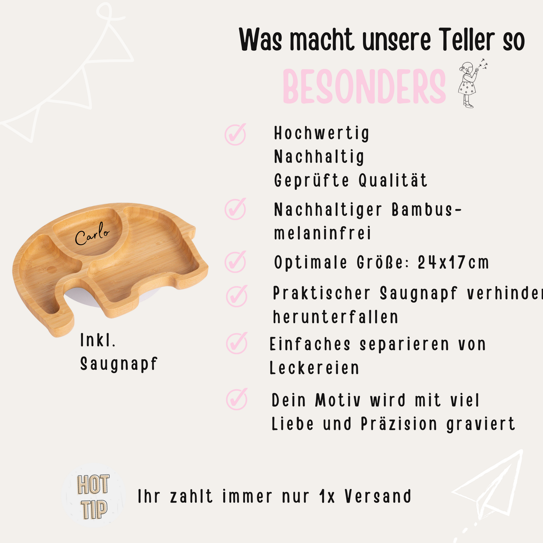 Kinderteller mit Saugnapf - Elefant, Pinguin, Dinosaurier