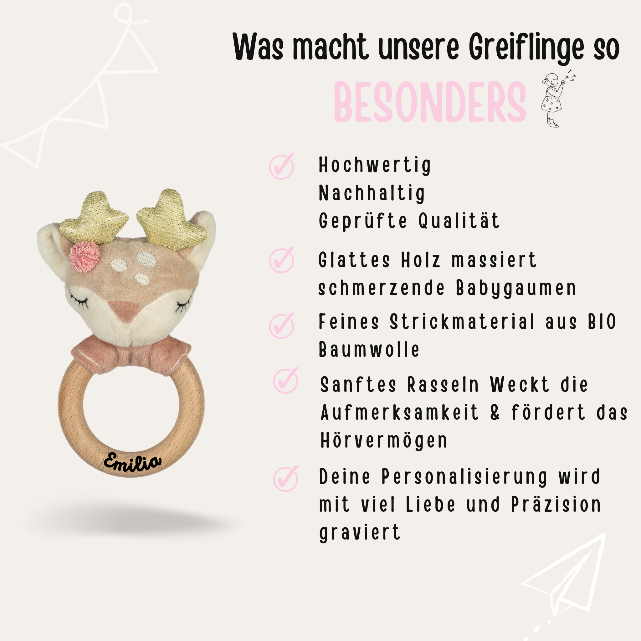 Babyrassel personalisiert - Reh und Bär