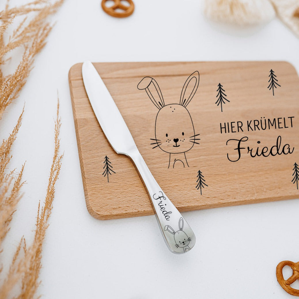 Frühstücksbrettchen mit Kindermesser personalisiert - Tier Wald Gravur