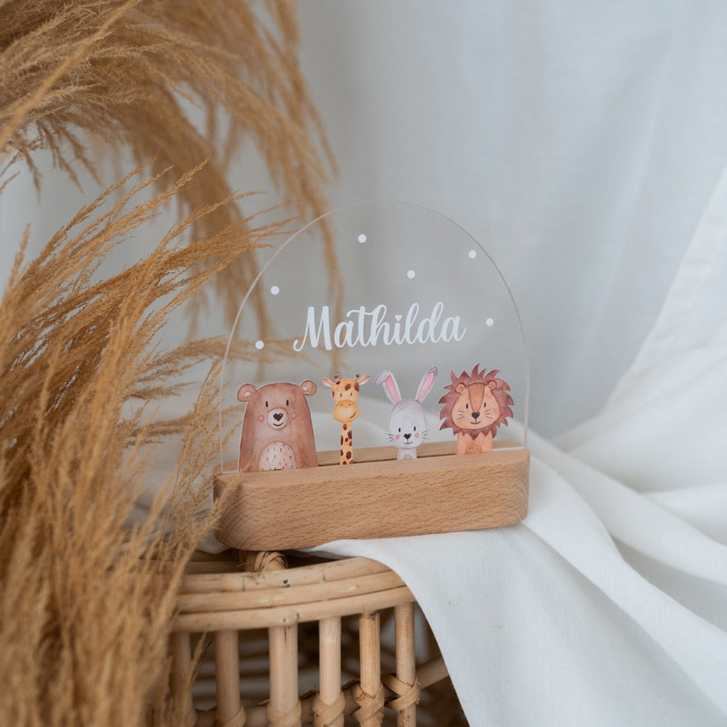 LED Nachtlicht Kinder personalisiert - Tiere unten Aquarell