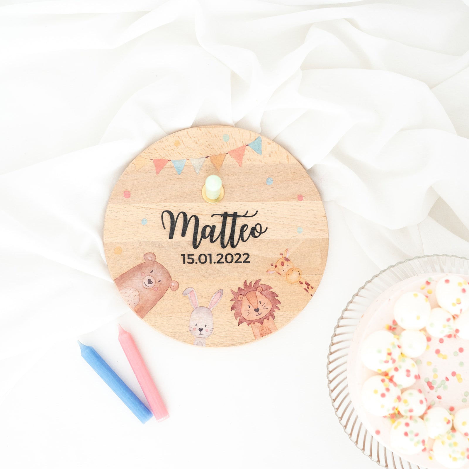 Geburtstagsteller Holz personalisiert - Tiere Aquarell