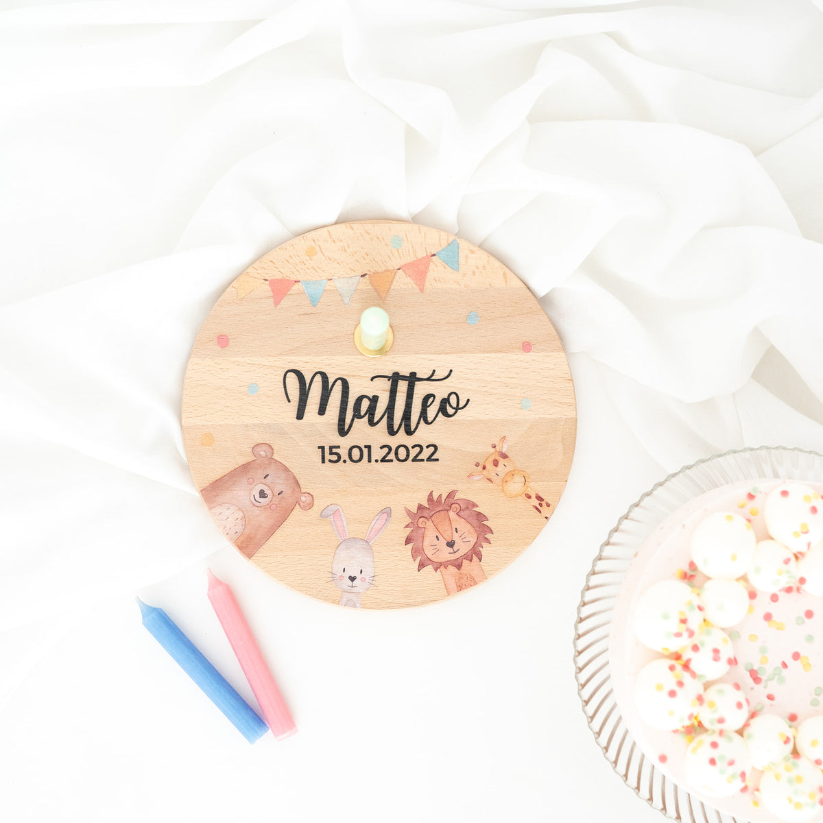 Geburtstagsteller Holz personalisiert - Tiere Aquarell