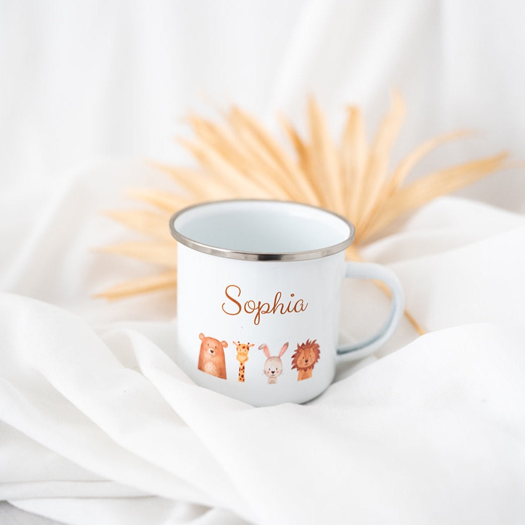 Kindertasse personalisiert - Tiere unten Aquarell