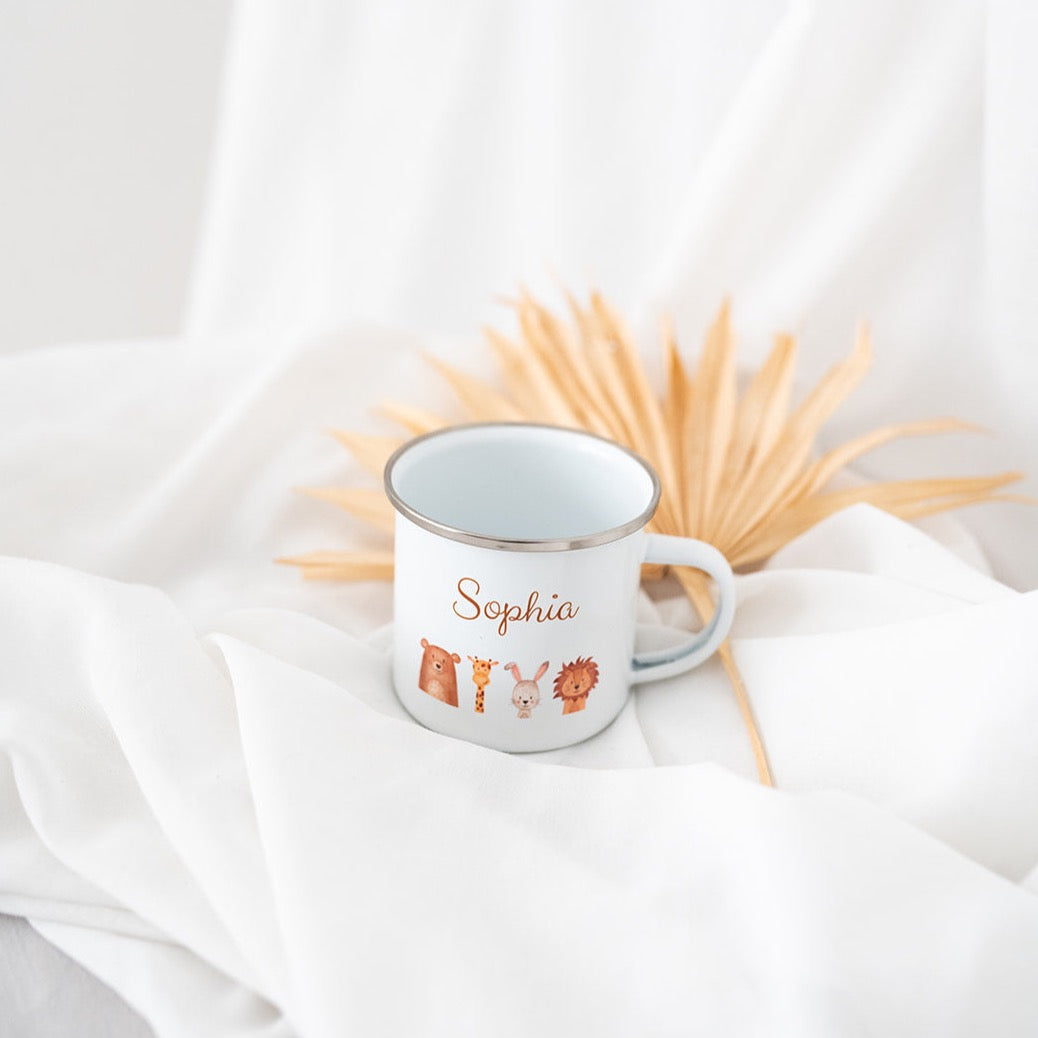Kindertasse personalisiert - Tiere unten Aquarell