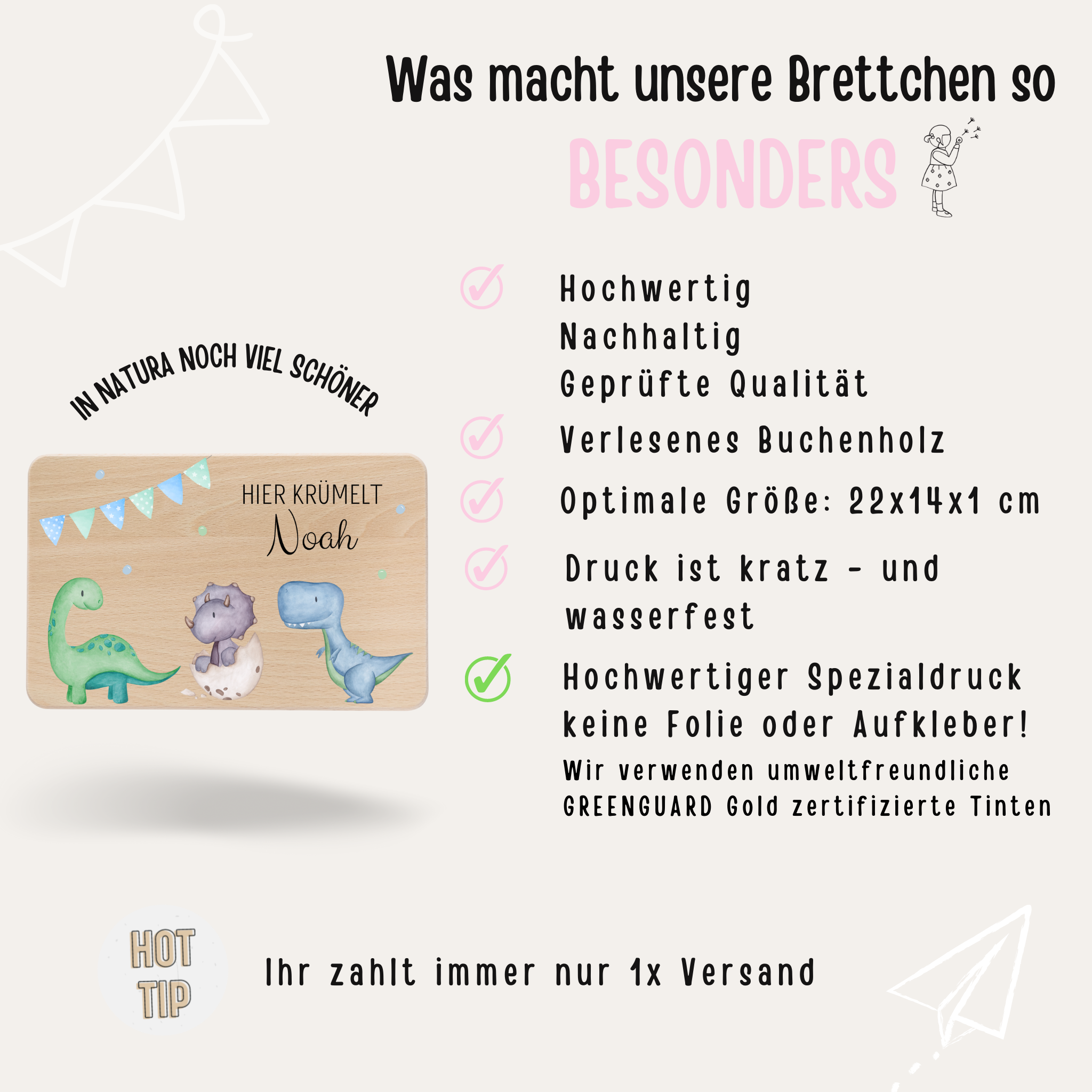 Frühstücksbrettchen personalisiert - Dinosaurier blaue Girlande Aquarell