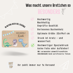 Frühstücksbrettchen personalisiert - Dinosaurier Aquarell blaue Girlande