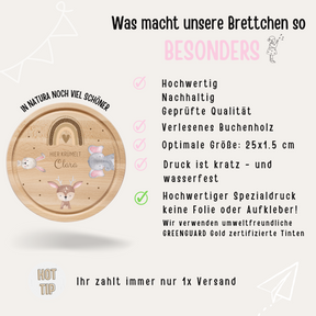 Schneidebrett Holz rund personalisiert - Hase Reh Elefant Regenbogen Aquarell
