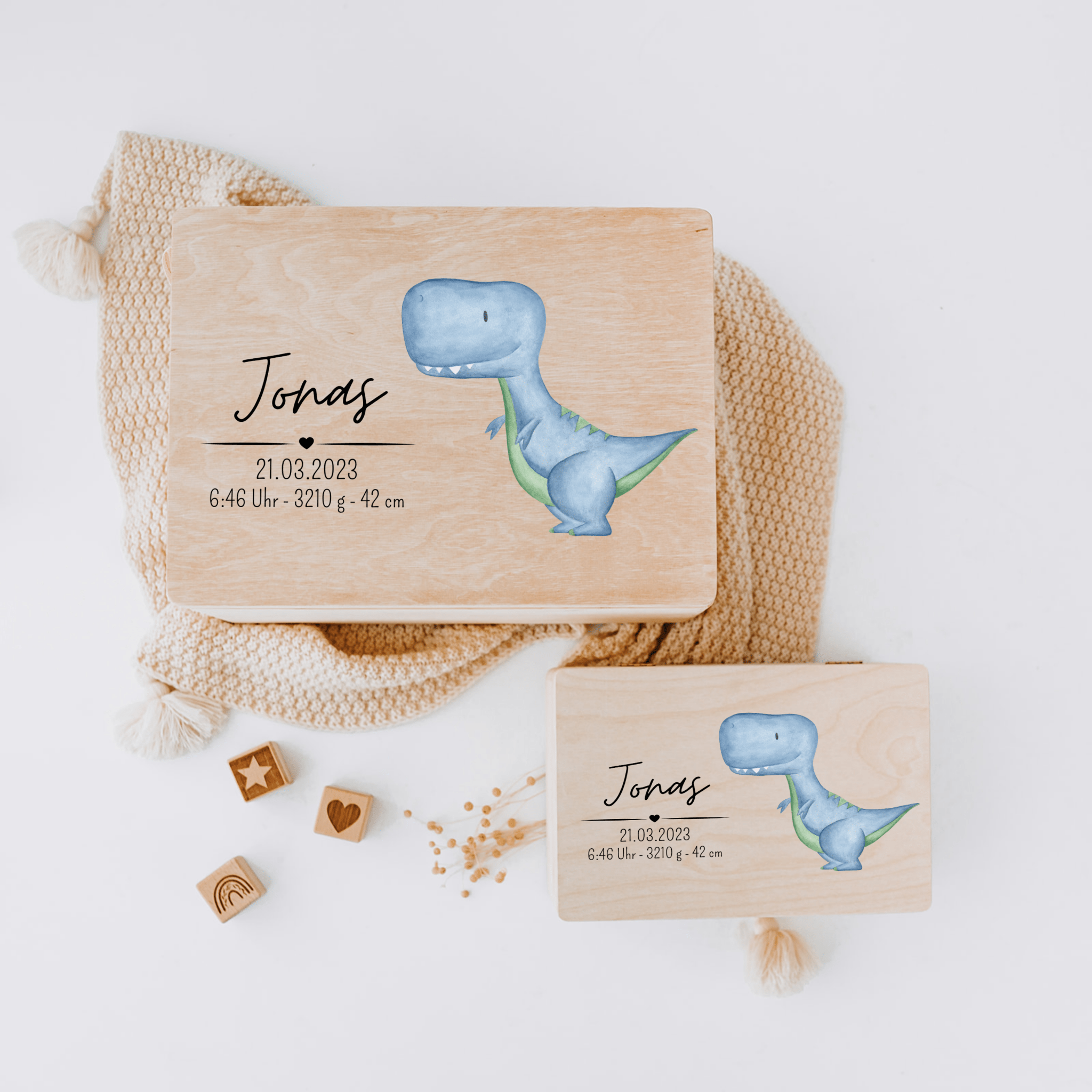 Erinnerungsbox Holz mit Wunschdaten – Dinosaurier Aquarell - wunderwunsch