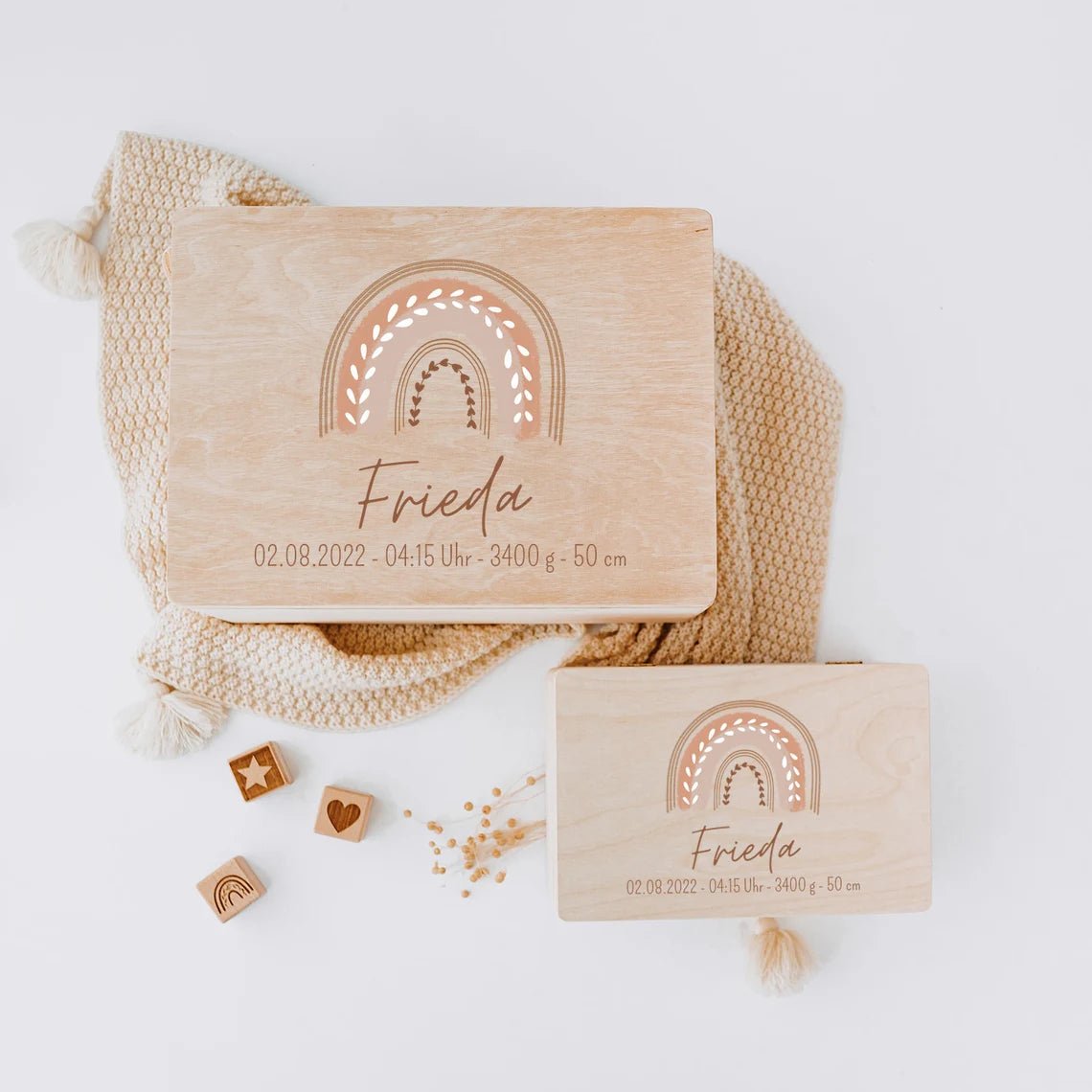Erinnerungsbox Holz mit Wunschdaten – Regenbogen Boho pastell Aquarell - wunderwunsch