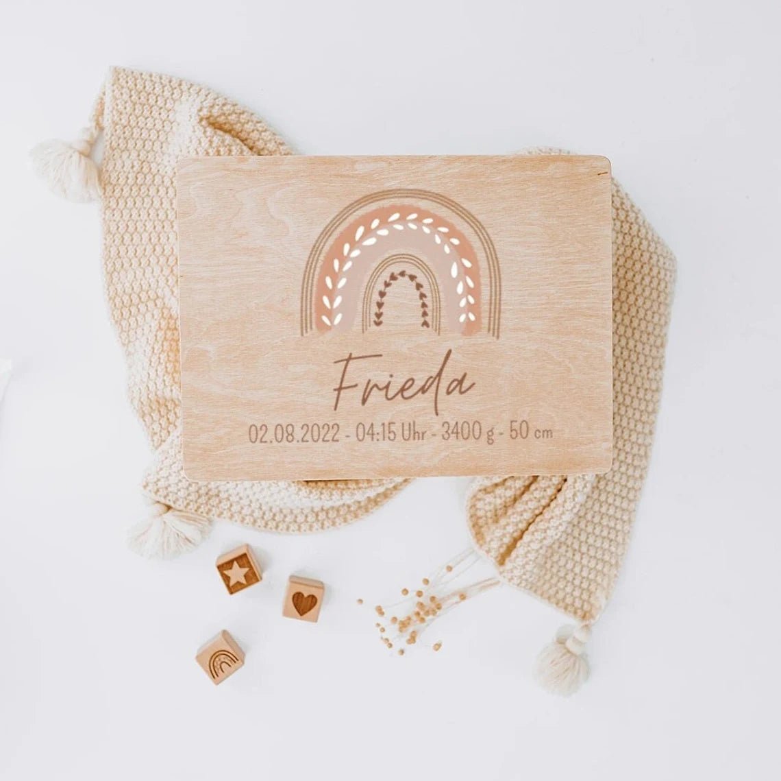 Erinnerungsbox Holz mit Wunschdaten – Regenbogen Boho pastell Aquarell - wunderwunsch