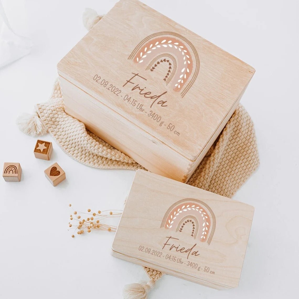 Erinnerungsbox Holz mit Wunschdaten – Regenbogen Boho pastell Aquarell - wunderwunsch