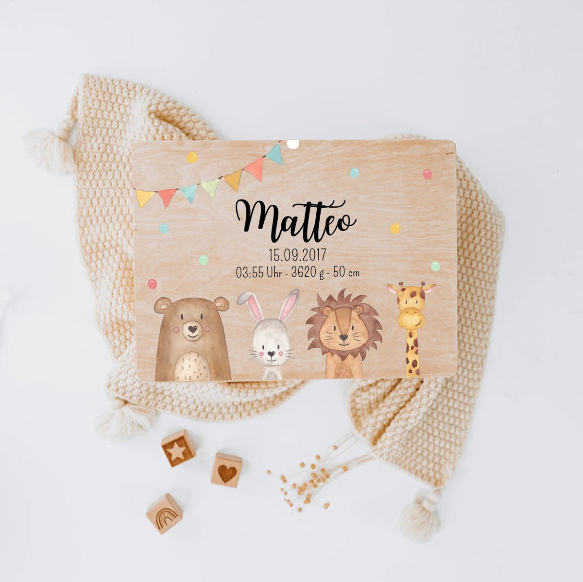 Erinnerungsbox Baby personalisiert - Tiere unten Girlande Aquarell