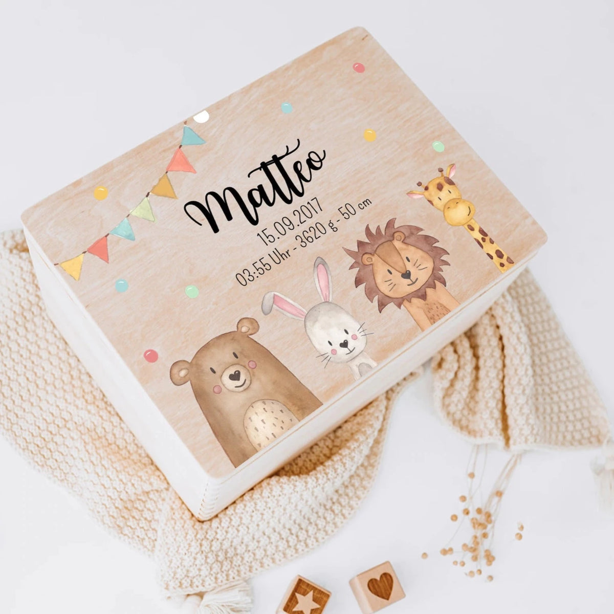 Erinnerungsbox Baby personalisiert - Tiere unten Girlande Aquarell