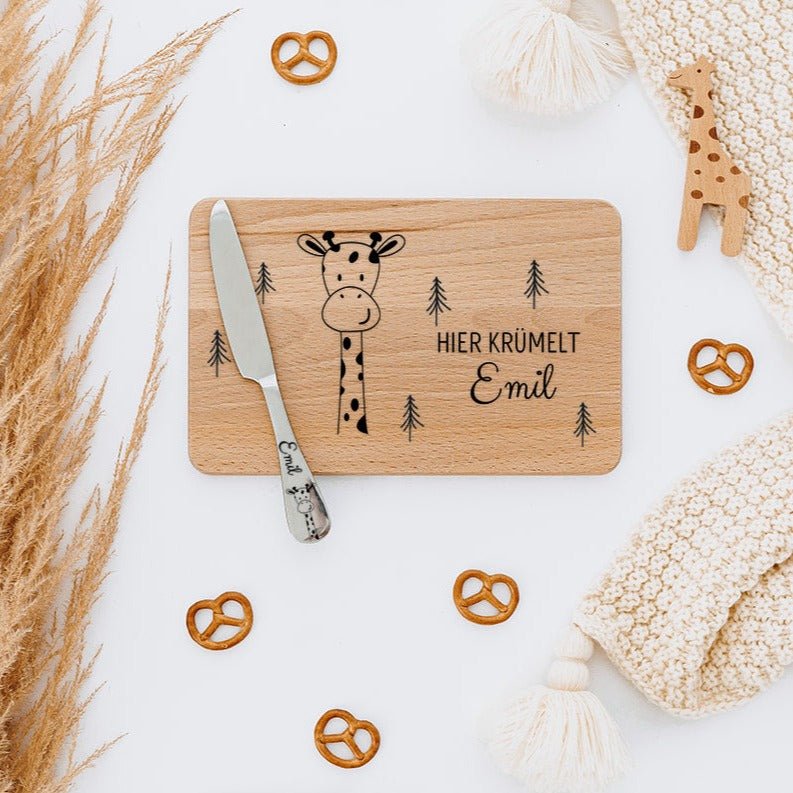 Frühstücksbrettchen mit Kindermesser personalisiert - Tier Wald Gravur - wunderwunsch