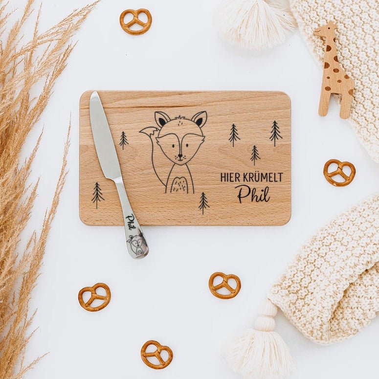 Frühstücksbrettchen mit Kindermesser personalisiert - Tier Wald Gravur - wunderwunsch