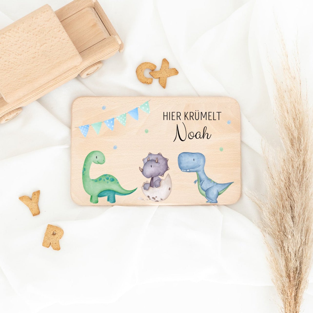 Frühstücksbrettchen personalisiert - Dinosaurier blaue Girlande Aquarell - wunderwunsch