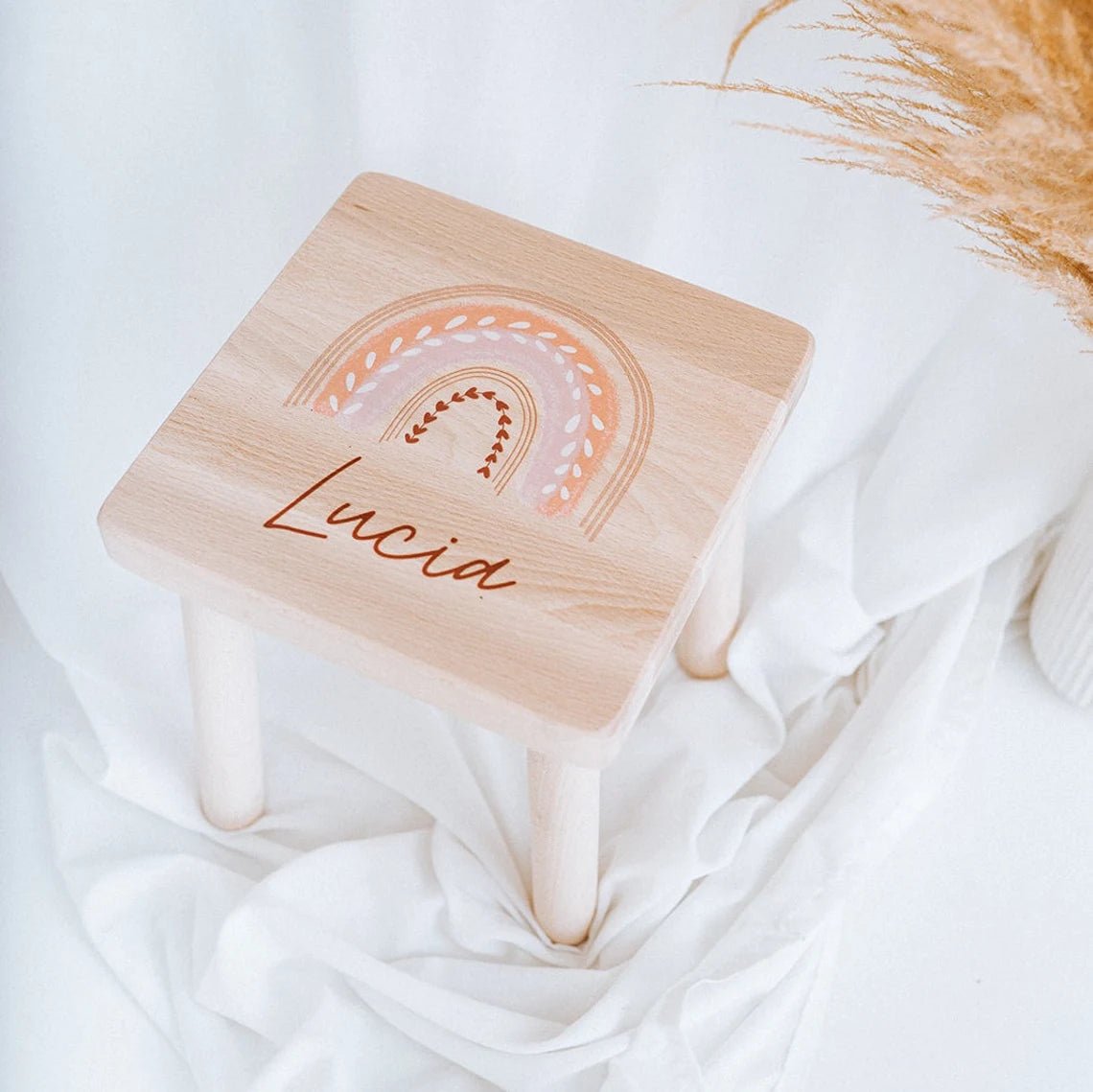 Holzhocker Kinder personalisiert - Regenbogen Boho pastell Aquarell - wunderwunsch
