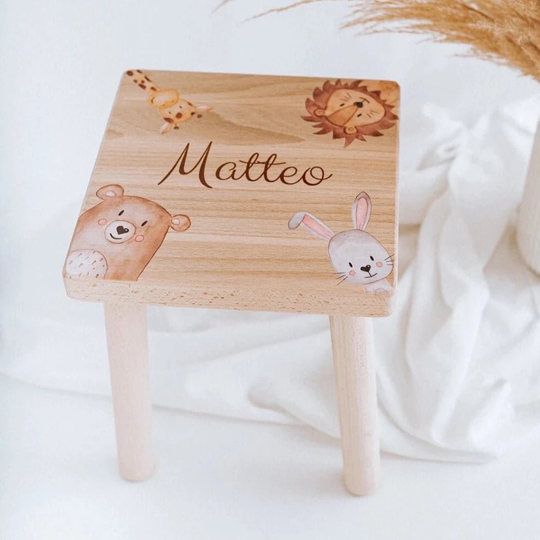 Holzhocker Kinder personalisiert - Tiere Aquarell - wunderwunsch