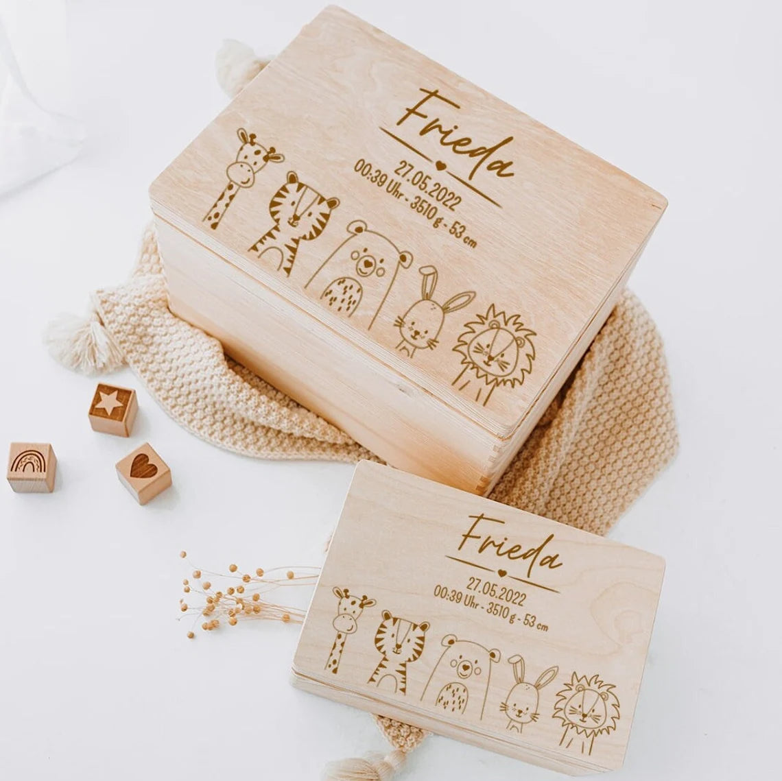 Erinnerungsbox Baby personalisiert - Tiere unten Gravur