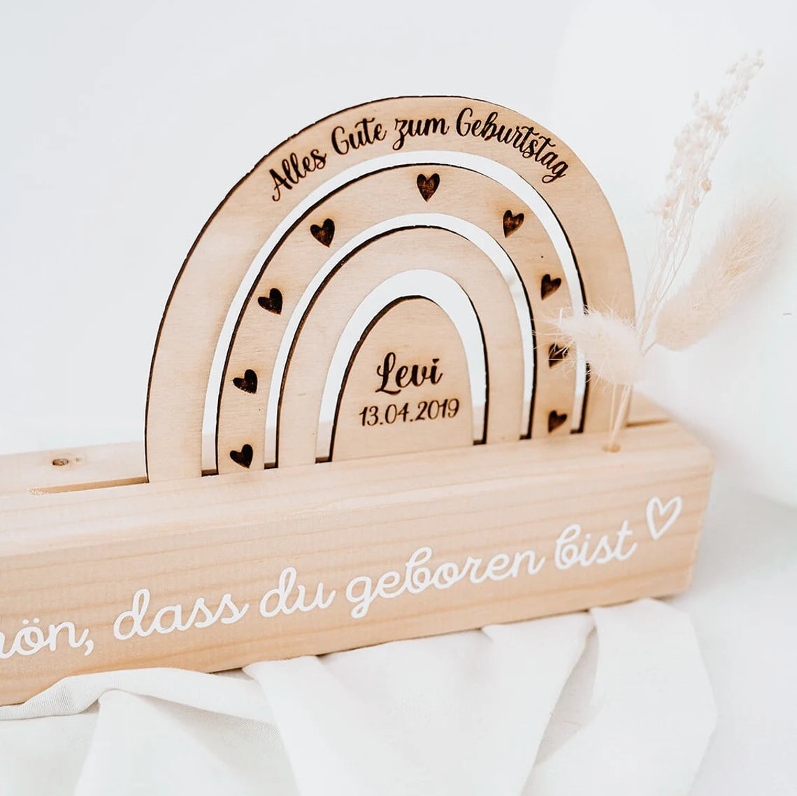 Geburtstagskerzenhalter Holz personalisiert - Regenbogen