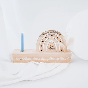 Geburtstagskerzenhalter Holz personalisiert - Regenbogen