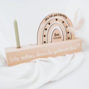 Geburtstagskerzenhalter Holz personalisiert - Regenbogen