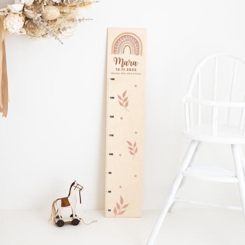 Kindermesslatte Holz personalisiert - Regenbogen Boho pastell Aquarell - wunderwunsch