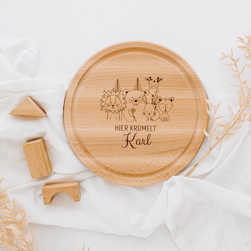 Schneidebrett Holz rund personalisiert - Tierfamilie Blume Gravur - wunderwunsch