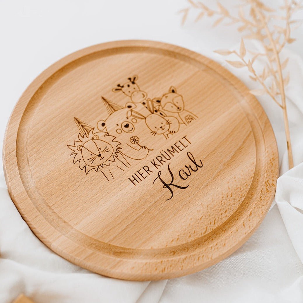 Schneidebrett Holz rund personalisiert - Tierfamilie Blume Gravur - wunderwunsch