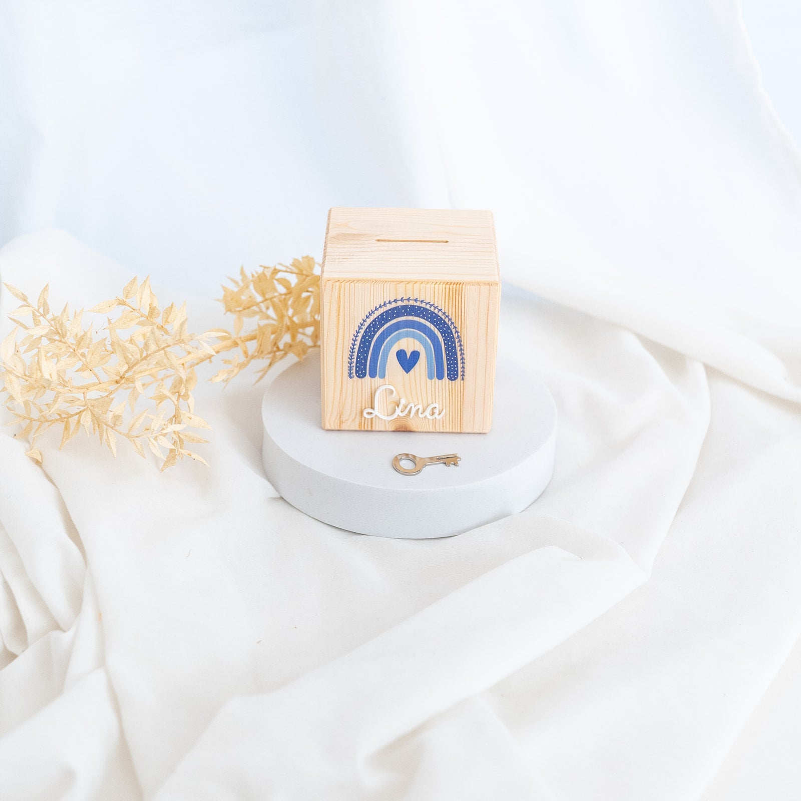 Spardose Holz mit Acryl personalisiert - Regenbogen blau Aquarell - wunderwunsch